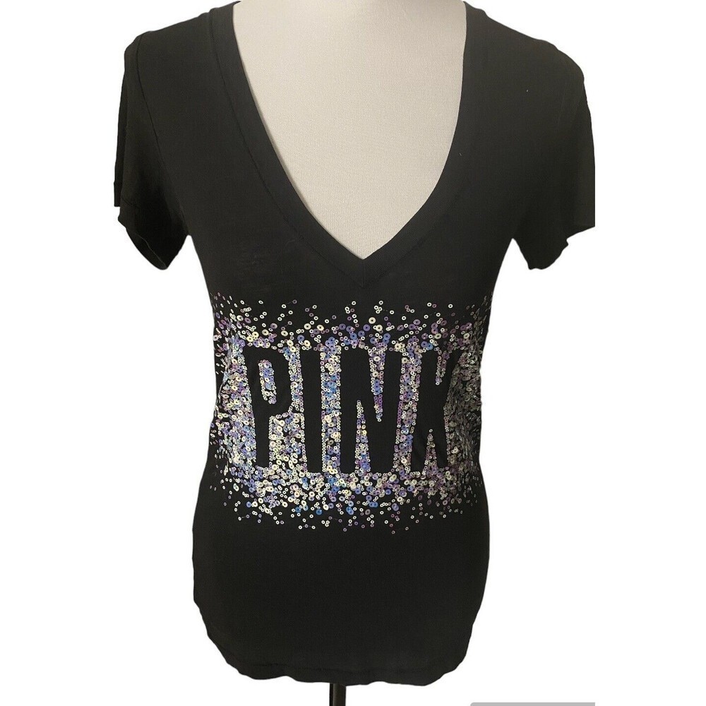 Vintage Y2K Deep V PINK Victorias Secret logo Black Baby T With Sequins XS